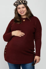 Burgundy Brushed Side Button Round Hem Maternity Plus Tunic