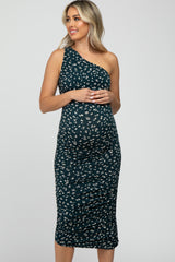 Forest Green Floral One Shoulder Side Ruched Maternity Midi Dress