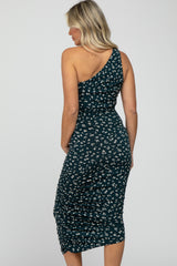 Forest Green Floral One Shoulder Side Ruched Maternity Midi Dress