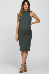 Forest Green Ribbed Sleeveless Mock Neck Maternity Midi Dress