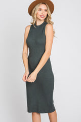 Forest Green Ribbed Sleeveless Mock Neck Maternity Midi Dress