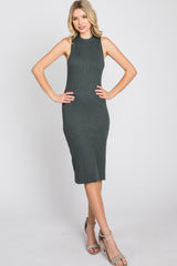 Forest Green Ribbed Sleeveless Mock Neck Midi Dress