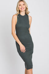 Forest Green Ribbed Sleeveless Mock Neck Midi Dress