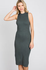 Forest Green Ribbed Sleeveless Mock Neck Midi Dress