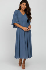 Blue Smocked Front Ruffle Sleeve Midi Dress