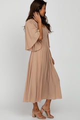 Taupe Smocked Front Ruffle Sleeve Midi Dress