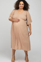 Taupe Smocked Front Ruffle Sleeve Maternity Plus Midi Dress