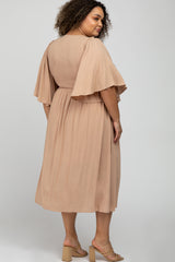 Taupe Smocked Front Ruffle Sleeve Maternity Plus Midi Dress