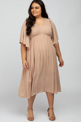 Taupe Smocked Front Ruffle Sleeve Plus Midi Dress