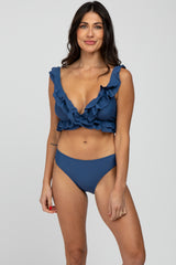 Blue Ruffle Accent Maternity Bikini Set