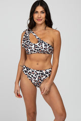 Beige Pink Leopard Print Cutout One Shoulder Bikini Set