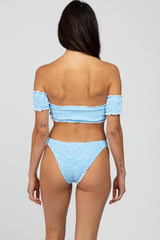 Light Blue Striped Off Shoulder Bikini Swim Set