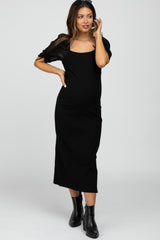 Black Ruched Sleeve Maternity Midi Dress