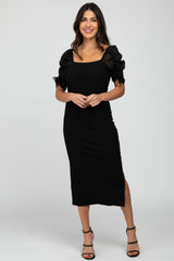 Black Ruched Sleeve Midi Dress