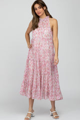 Pink Printed Sleeveless Tiered Maternity Midi Dress