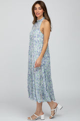 Blue Printed Sleeveless Tiered Midi Dress