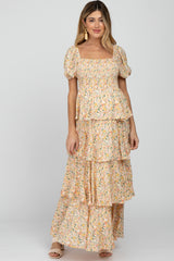 Yellow Floral Square Neck Ruffle Layered Maternity Maxi Dress