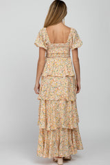 Yellow Floral Square Neck Ruffle Layered Maternity Maxi Dress