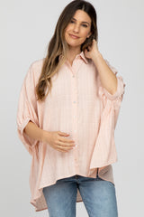 Peach Button Front Collared Oversized Maternity Blouse