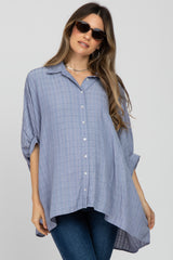 Blue Button Front Collared Oversized Maternity Blouse