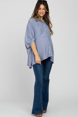 Blue Button Front Collared Oversized Maternity Blouse