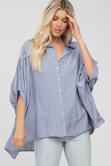 Blue Button Front Collared Oversized Maternity Blouse