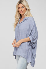 Blue Button Front Collared Oversized Blouse