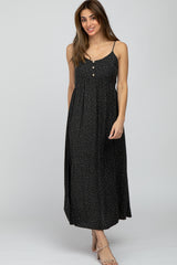 Charcoal Polka Dot Button Front Side Slit Midi Dress