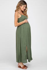 Olive Polka Dot Button Front Side Slit Maternity Midi Dress