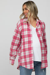 Fuchsia Plaid Button Up Collared Flannel Maternity Top