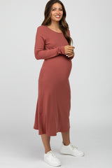 Mauve Solid Long Sleeve Maternity Dress