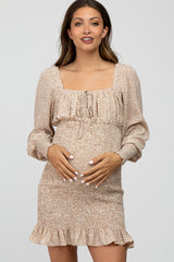 Cream Leaf Print Smocked Maternity Dress