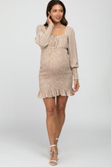 Cream Leaf Print Smocked Maternity Dress