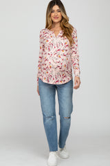 Pink Floral Ribbed Long Sleeve Maternity Top