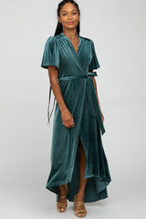 Green Pleated Velvet Wrap Maxi Dress