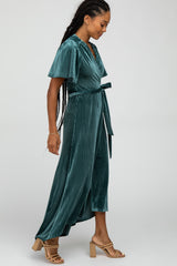 Green Pleated Velvet Wrap Maxi Dress