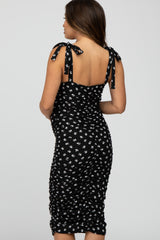 Black Floral Ribbed Ruched Shoulder Tie Maternity Dress