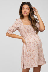 Pink Floral Smocked Square Neck Puff Sleeve Maternity Dress