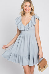 Light Blue Ruffle Back Tie Mini Dress