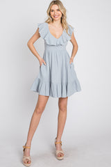 Light Blue Ruffle Back Tie Mini Dress