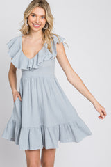 Light Blue Ruffle Back Tie Mini Dress