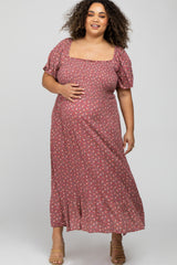 Mauve Floral Smocked Square Neck Maternity Plus Midi Dress