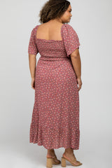 Mauve Floral Smocked Square Neck Maternity Plus Midi Dress