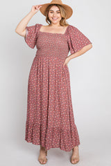 Mauve Floral Smocked Square Neck Maternity Plus Midi Dress