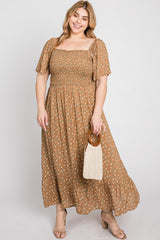 Camel Floral Smocked Square Neck Plus Midi Dress