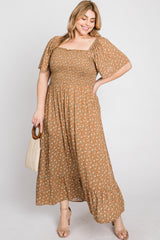 Camel Floral Smocked Square Neck Plus Midi Dress