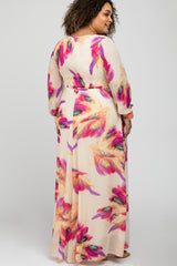 Cream Feather Print Chiffon Maternity Plus Maxi Dress