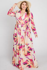 Cream Feather Print Chiffon Plus Maxi Dress