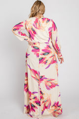 Cream Feather Print Chiffon Plus Maxi Dress