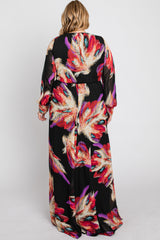 Black Feather Print Chiffon Plus Maxi Dress